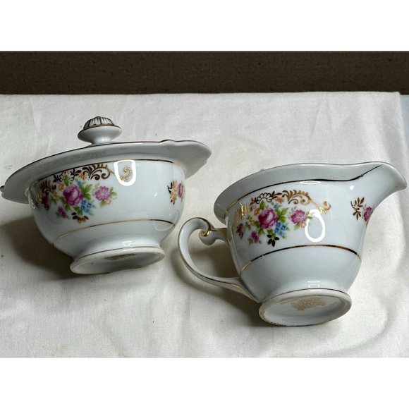 Maruichi Sugar Bowl Creamer Server China Set 40s Pink Roses Gold Discontinued - Picture 1 of 16